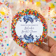 Personalised bridal shower freckles treat bag with round blue floral label and confetti candies