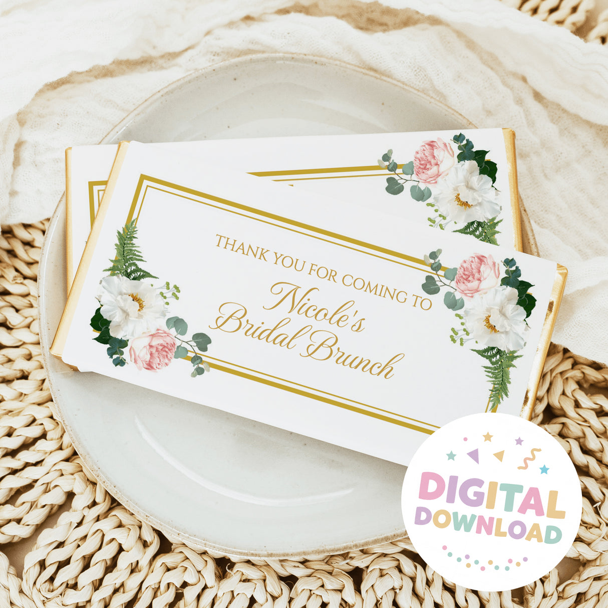 Chocolate bar wrapper cards with gold border, pink roses, and green leaves; digital download sticker