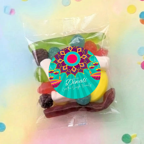 Diwali party mix lolly bag with colorful circular design and illustrated sweets inside