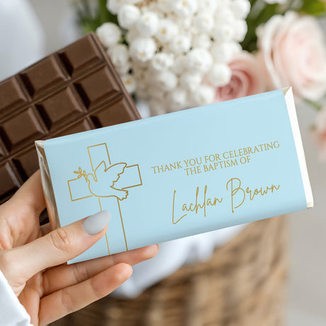 Custom baptism chocolate bar with blue wrapper, gold cross-and-dove, thank-you text