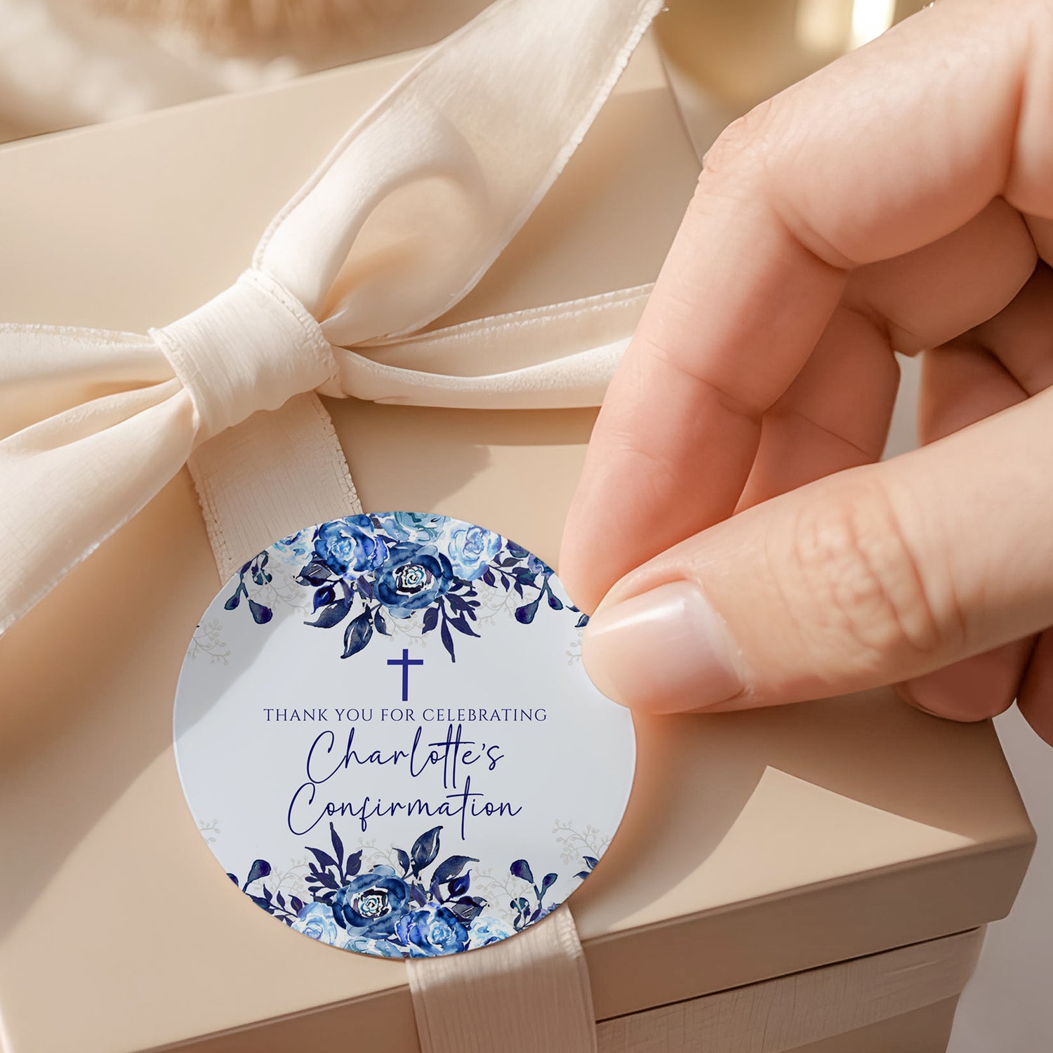 Round confirmation labels with blue floral print, cross icon, and thank-you text