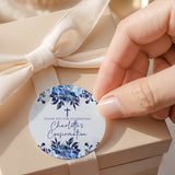 Round confirmation labels with blue floral print, cross icon, and thank-you text
