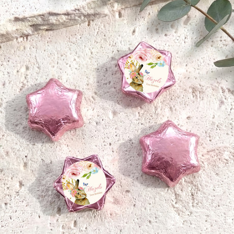 Personalised foil-covered chocolate star with floral bunny label, pink
