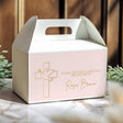 Pink baptism favor gable box with gold cross and thank-you message, personalised name