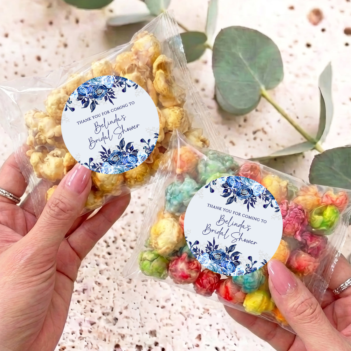 Personalised popcorn bags with blue floral thank-you bridal shower labels