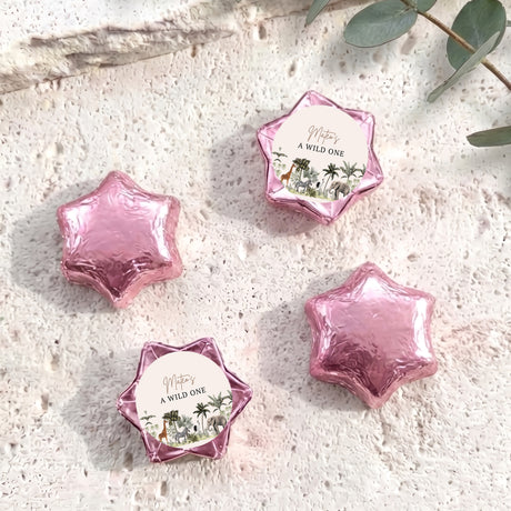 Jungle safari “A Wild One” foil-covered chocolate star set in pink