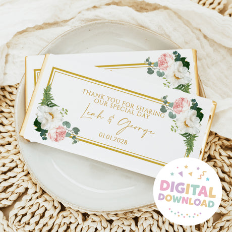Wedding chocolate wrapper with gold border, floral accents, and 'Thank you for sharing'.