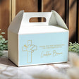 Light blue personalised gable favour box with white handle and gold cross design