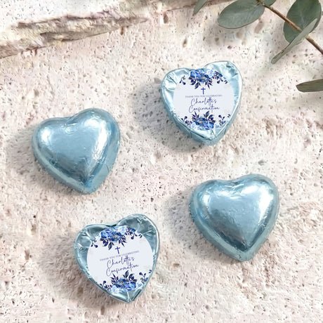 Personalised foil heart chocolates, blue with floral Confirmation message