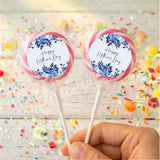 Personalised lollipops with blue floral “Happy Mother’s Day” tags and pink trim
