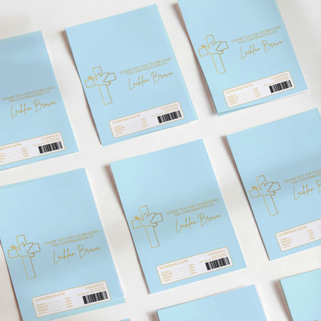 Blue DIY printed chocolate wrappers with cross, name text, and barcode label