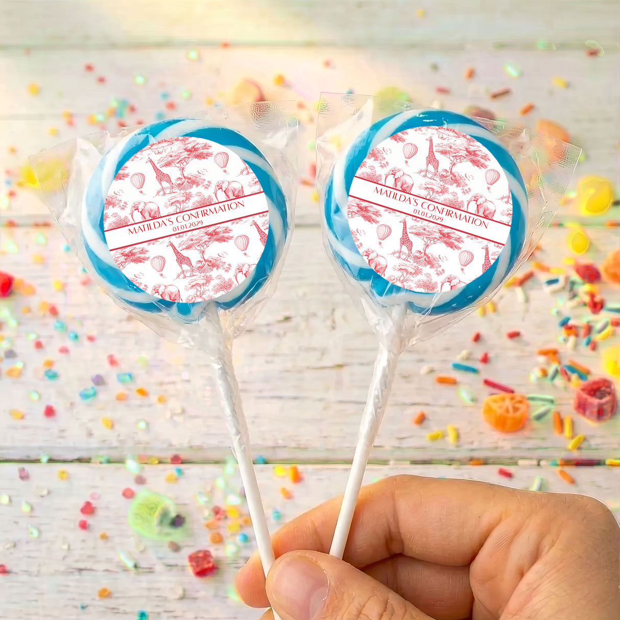 Red Safari Toile Confirmation Personalised Lollipops