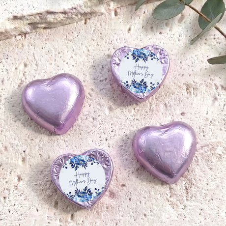 Foil-covered chocolate hearts in purple with “Happy Mother’s Day” print
