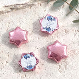 Baptism foil chocolate stars: blue floral thank-you label on pink star