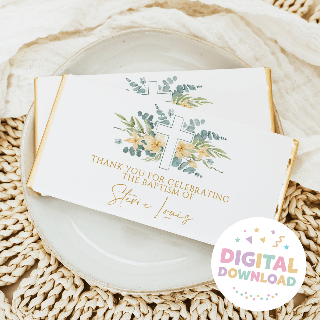 Chocolate bars with white wrappers, floral cross and greenery thank-you message