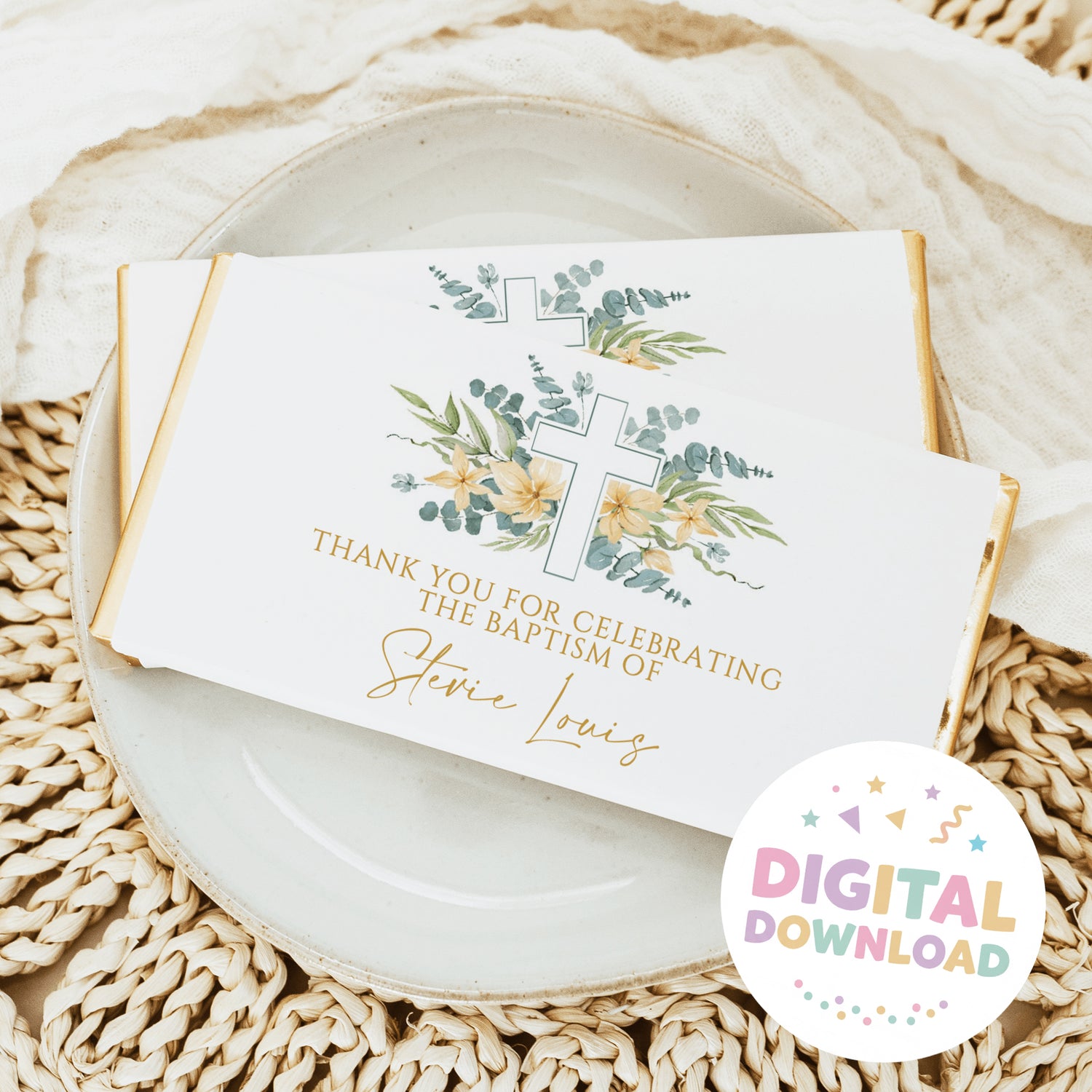 Chocolate bars with white wrappers, floral cross and greenery thank-you message