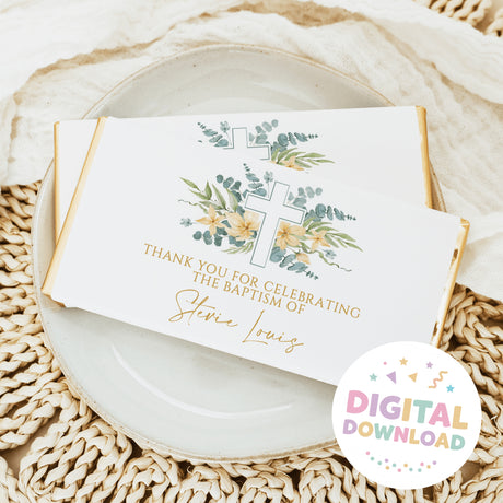 Chocolate bars with white wrappers, floral cross and greenery thank-you message