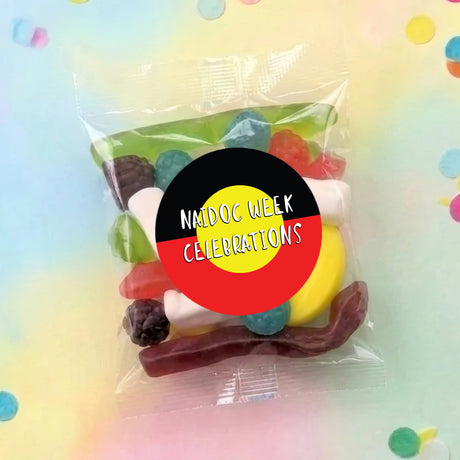 Naidoc Week Celebrations party mix lolly bag with clear wrap and sticker