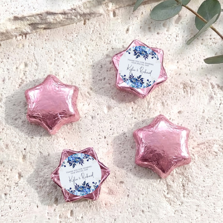 Foil chocolate star favours, pink foil with blue floral personalised message card