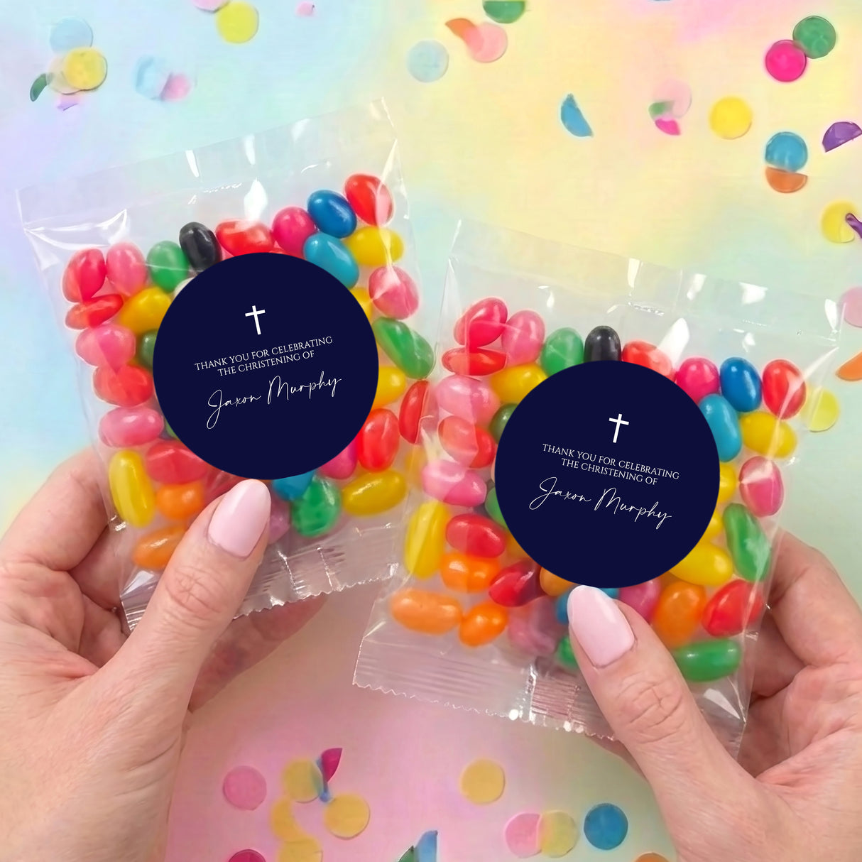Two personalised jelly bean bags with navy cross thank-you labels, Jason Murphy