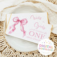 First birthday chocolate bar wrapper with pink bow and Girls ONE text