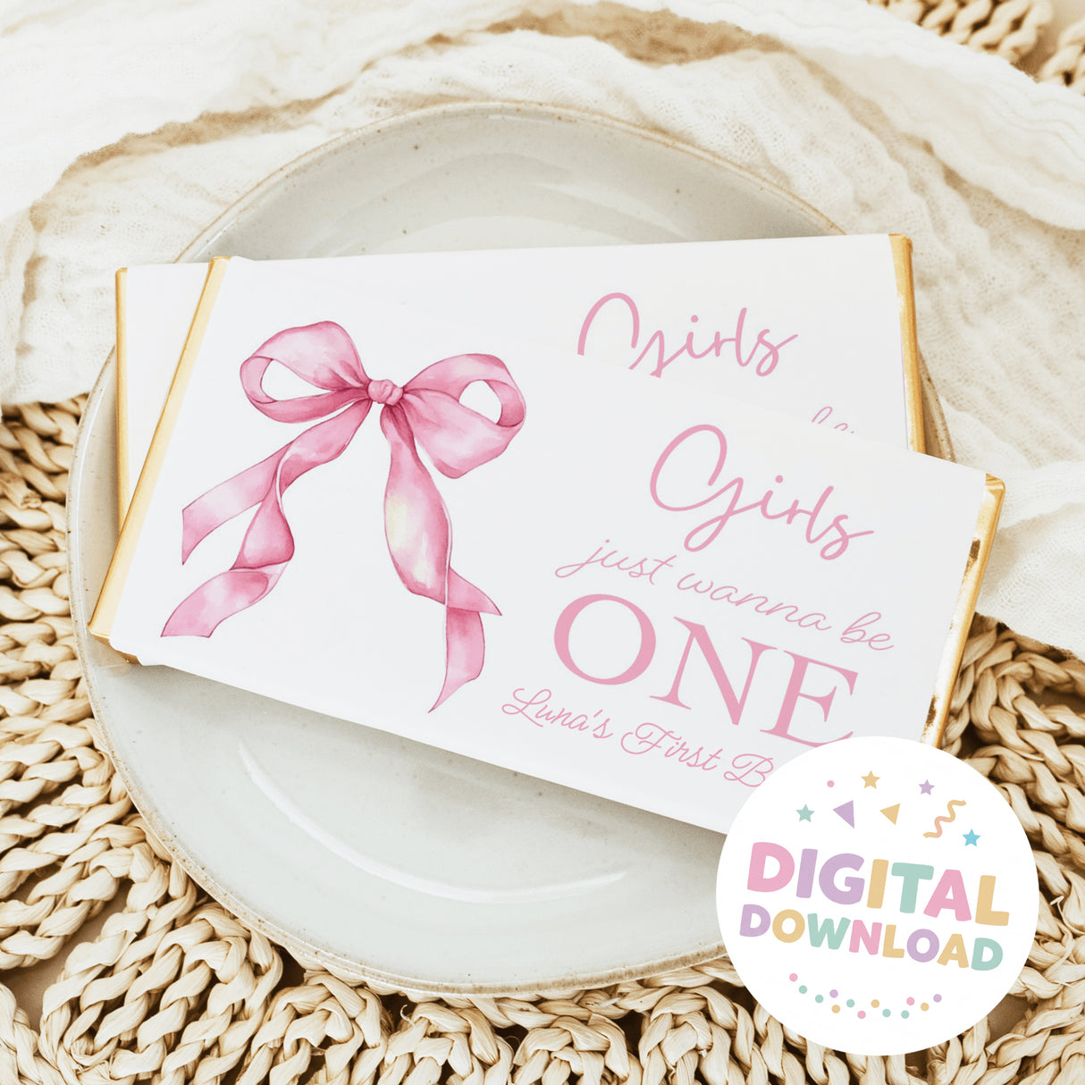 First birthday chocolate bar wrapper with pink bow and Girls ONE text
