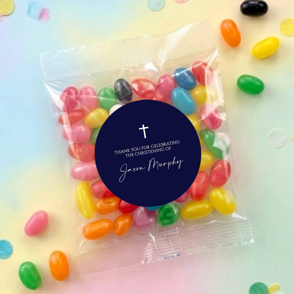 Personalised jelly bean bag with navy cross thank-you label, Jason Murphy