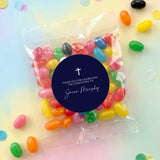 Personalised jelly bean bag with navy cross thank-you label, Jason Murphy
