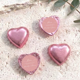 Personalised foil-covered chocolate hearts, dusty pink heart foil chocolates with message labels
