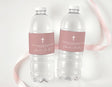 Dusty rose baptism water bottle labels with white cross and thank-you text, personalized names