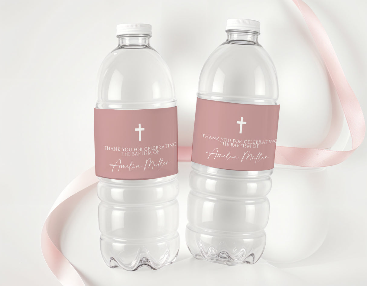 Dusty rose baptism water bottle labels with white cross and thank-you text, personalized names
