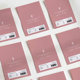 Dusty rose baptism DIY printed chocolate wrappers: white cross, script text, barcodes