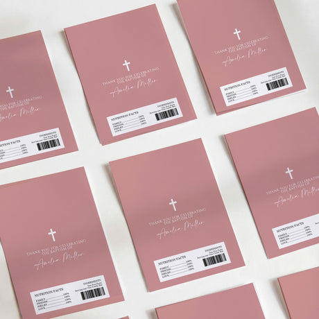 Dusty rose baptism DIY printed chocolate wrappers: white cross, script text, barcodes