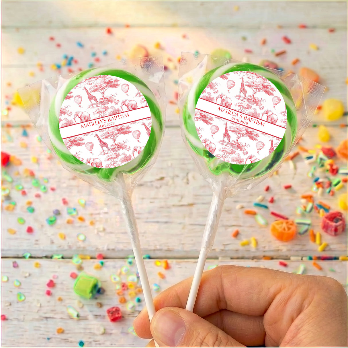 Red Safari Toile Baptism Personalised Lollipops