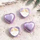 Mother's Day foil-covered chocolate hearts, light purple with floral card centers