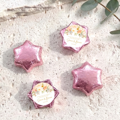Pink personalised foil-covered chocolate star with floral message card