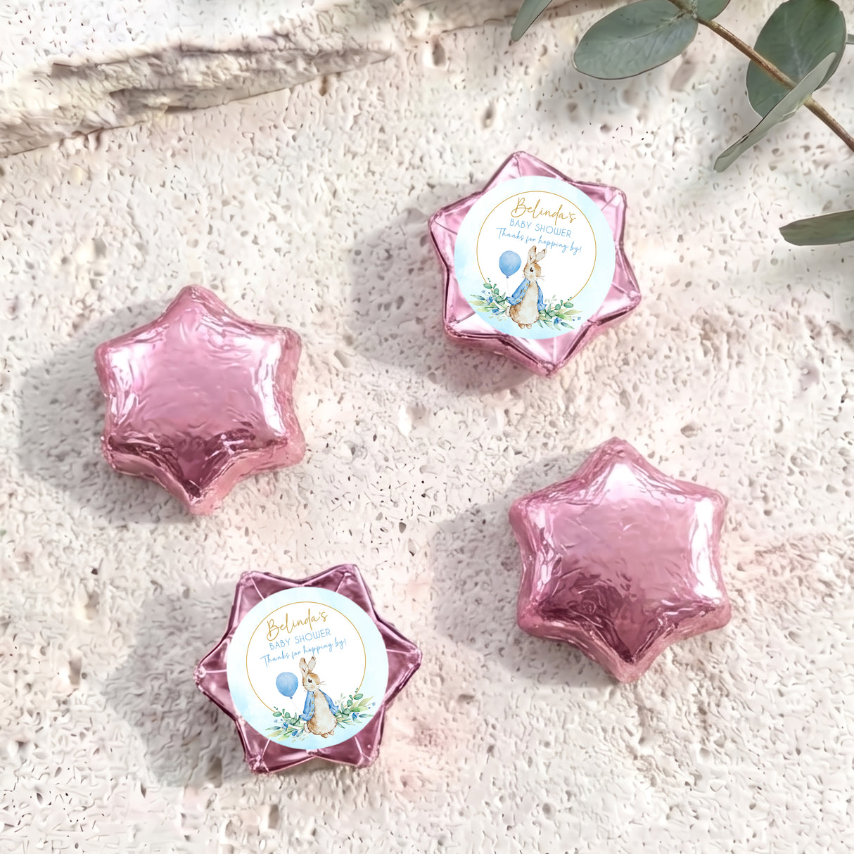 Pink foil star chocolates with Peter Rabbit baby shower label, set of 4