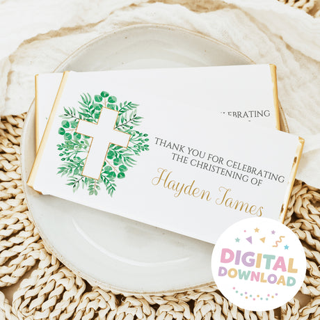 Chocolate bar wrapper with green leafy cross and christening thank-you message
