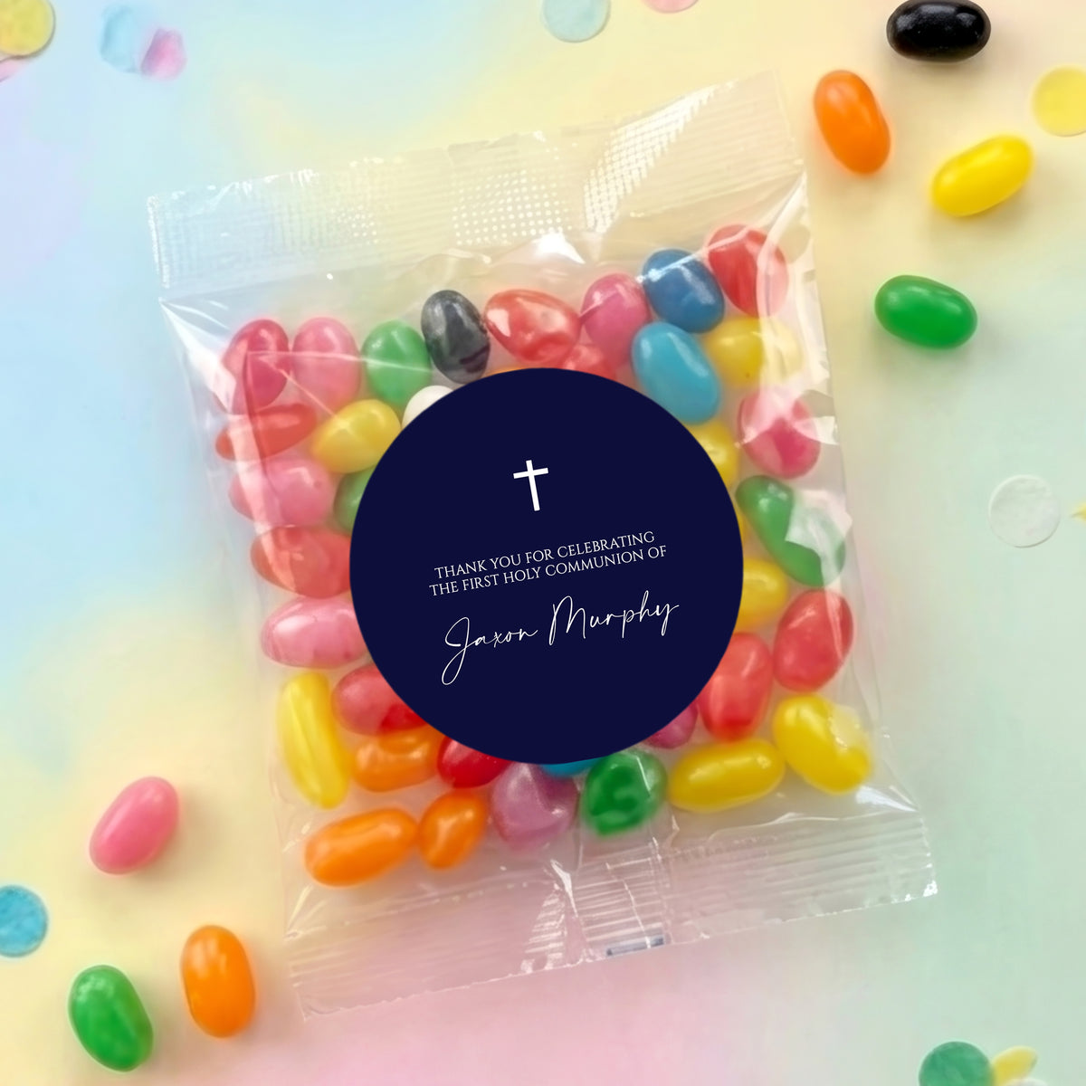 Navy Blue White Cross First Holy Communion Personalised Jelly Bean Bags ...