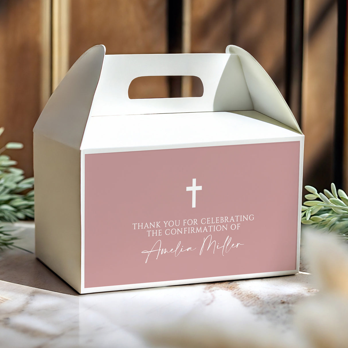 Dusty rose confirmation gable favor box with white cross and thank-you message