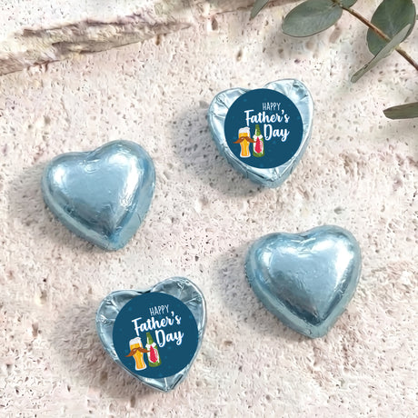 Foil-covered Father's Day chocolate hearts: light blue hearts with blue gift-label