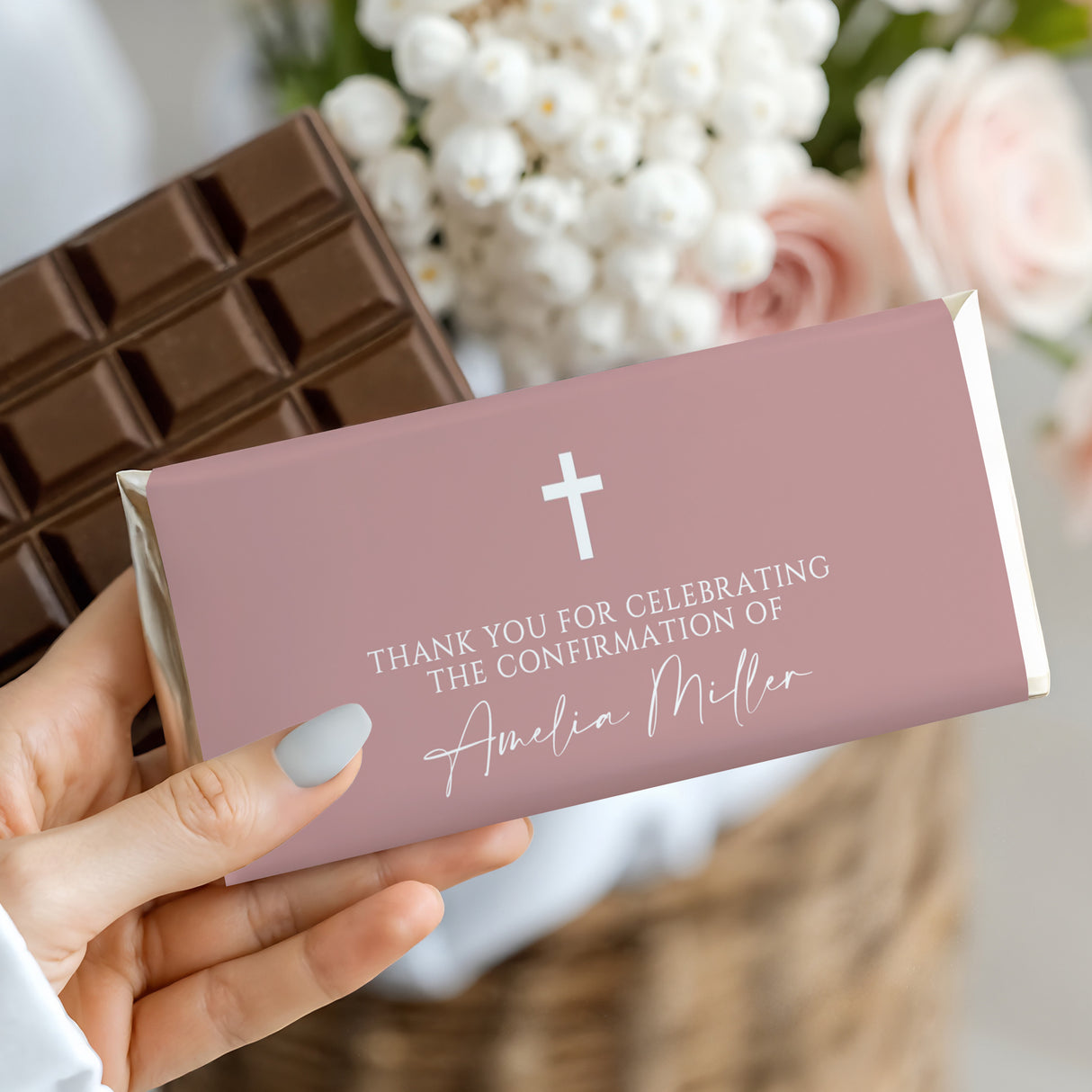 Dusty pink confirmation chocolate bar wrapper with cross and thank-you message