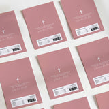 Dusty rose chocolate wrappers with cross and handwritten-style confirmation text