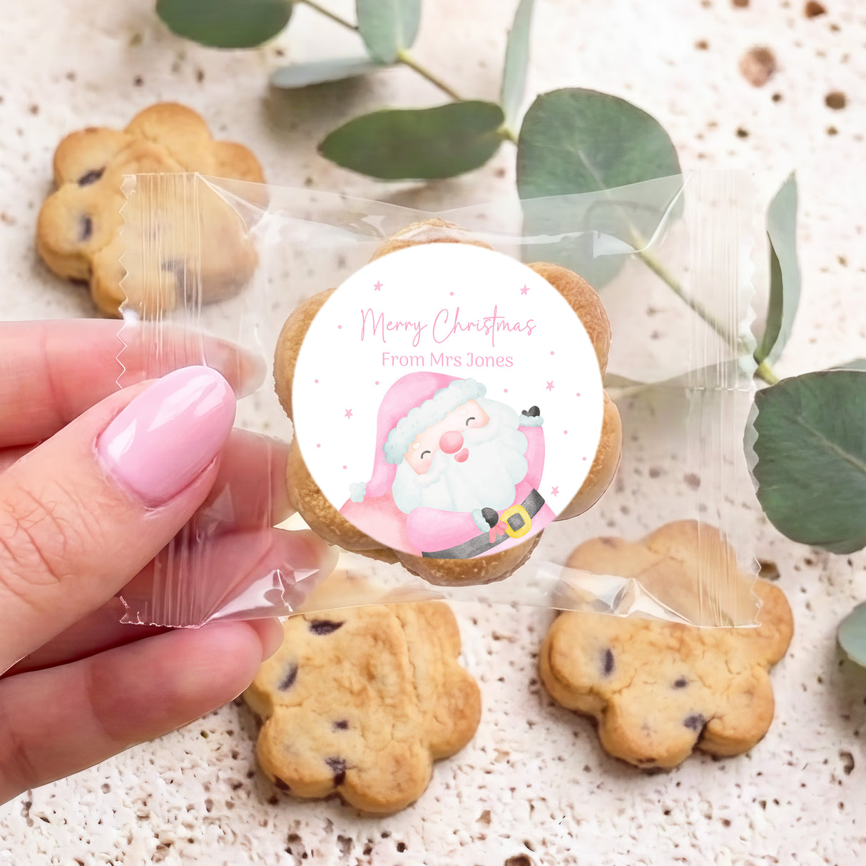 Pink Santa Personalised Bite Size Choc Chip Cookies