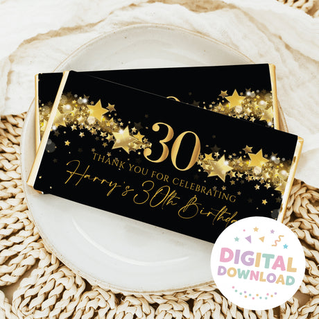 Black 30th birthday chocolate bar wrapper with gold stars and Thank you text