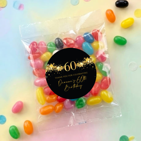 Personalised 60th birthday jelly bean bag with black/gold star round label