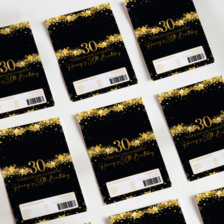 Set of black chocolate wrappers with gold stars and '30' birthday print
