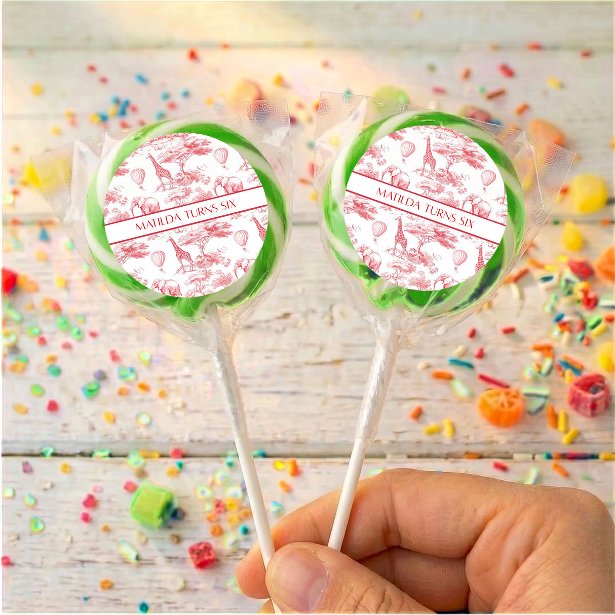 Red Safari Toile Birthday Personalised Lollipops