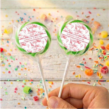 Red Safari Toile Birthday Personalised Lollipops