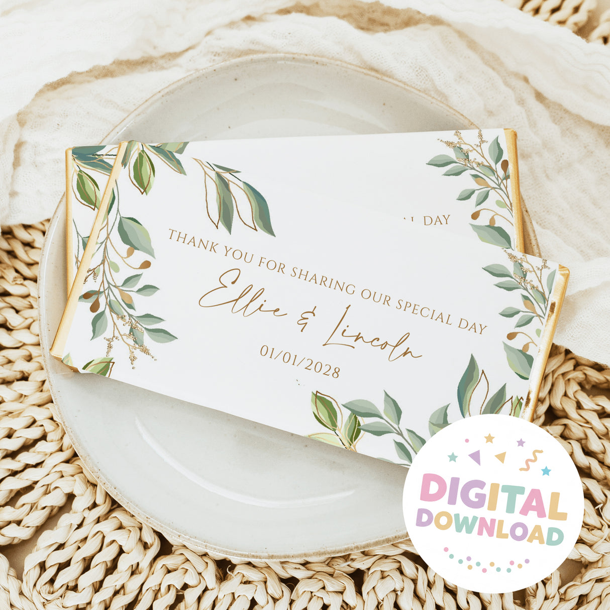 Chocolate bar wrapper with green eucalyptus leaves, gold accents, and thank-you text